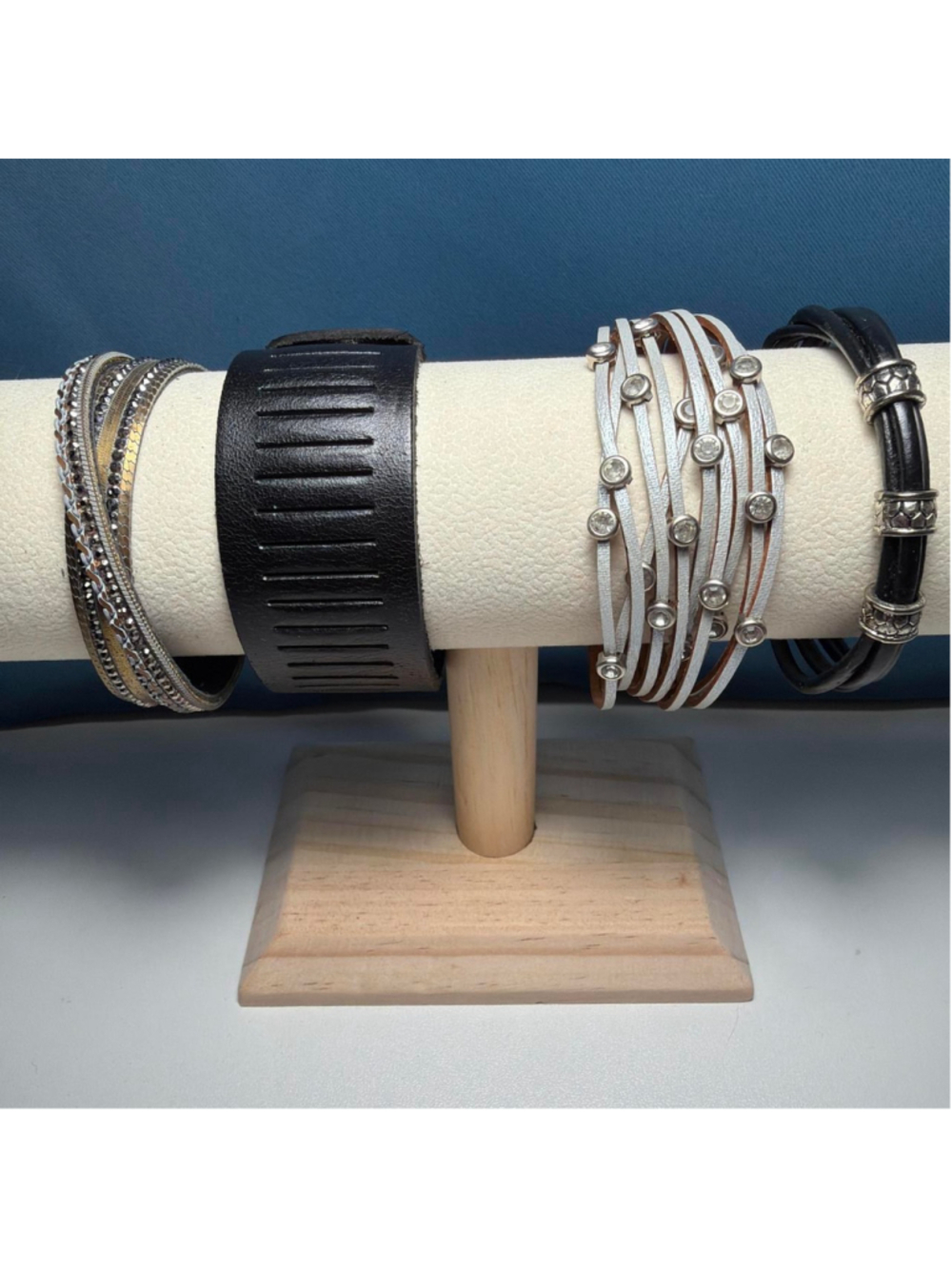 Goth silver tone and black faux leather bracelet bundle